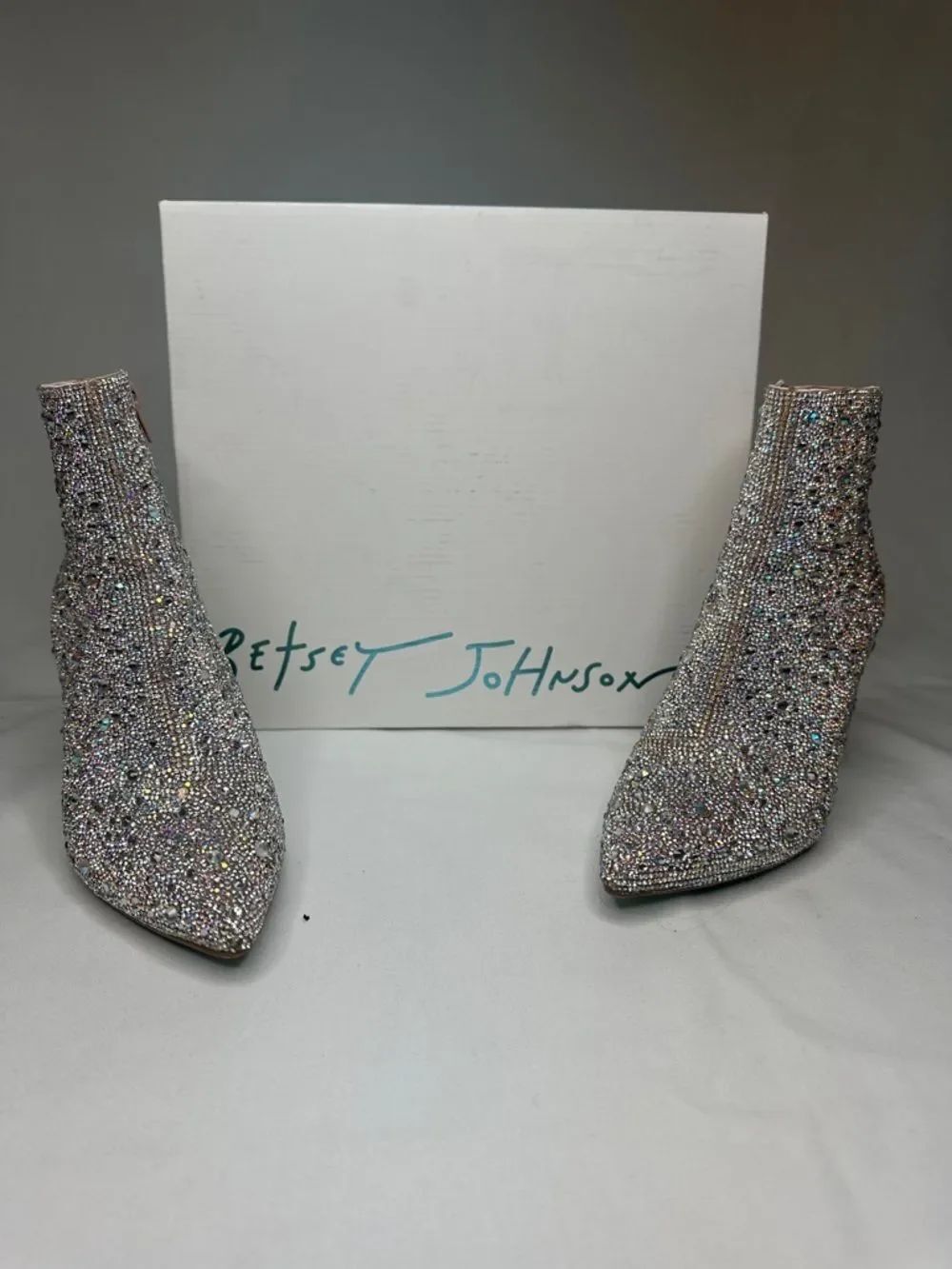 Betsey Johnson Iridescent Crystal Sock Booties in Silver Multicolor